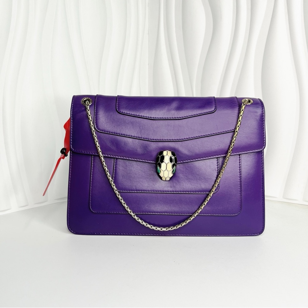 BULGARI Serpenti Forever Purple Crossbody Bag Snake Head Malachite Eyes